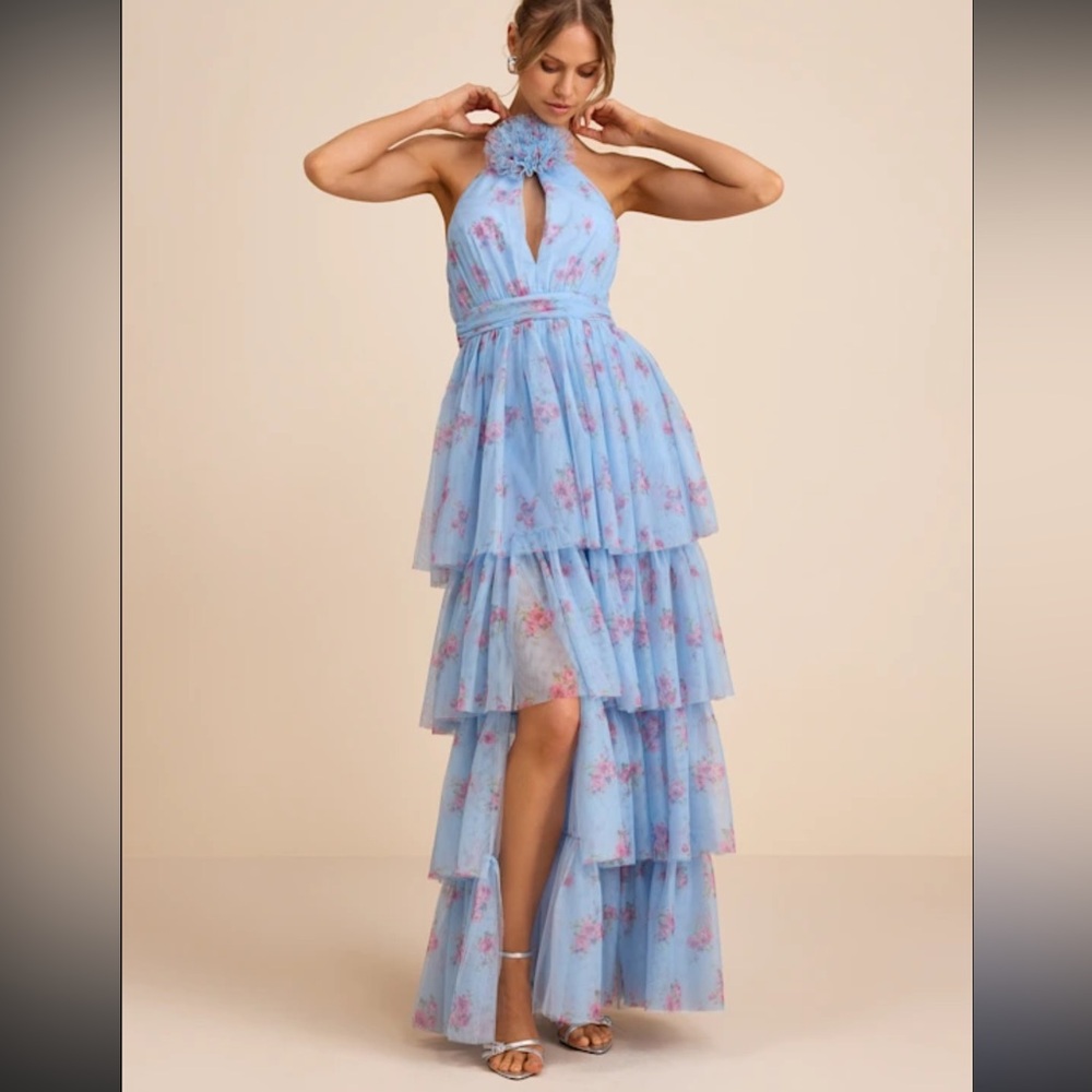 Lulu's Sky Blue Floral High-Low Halter Dress